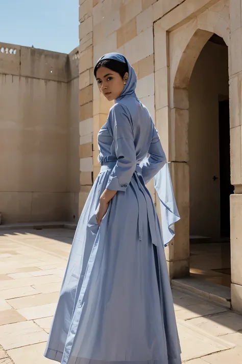 young veiled woman visiting a very beautiful mosque, an HD photo in a social network influencer style