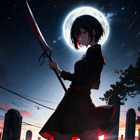 a anime horror scene, a girl holding a butcher axe, short hair, maniacal smile, crazy red eyes, standing outside at the night time in cemetery, stars in the sky, shot from bellow, best quality, ultra sharp lines, saturated,