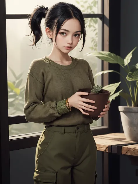 (Open eye, looking at viewer:1.2), 1girl, (13yo, cute:1.3), Moss green cozy sweater, high waisted khaki cargo pants, wooden beaded bracelet, lush dark green hair, loose ponytail with soft cascading waves, loose strands, calming, standing, serene and ground...