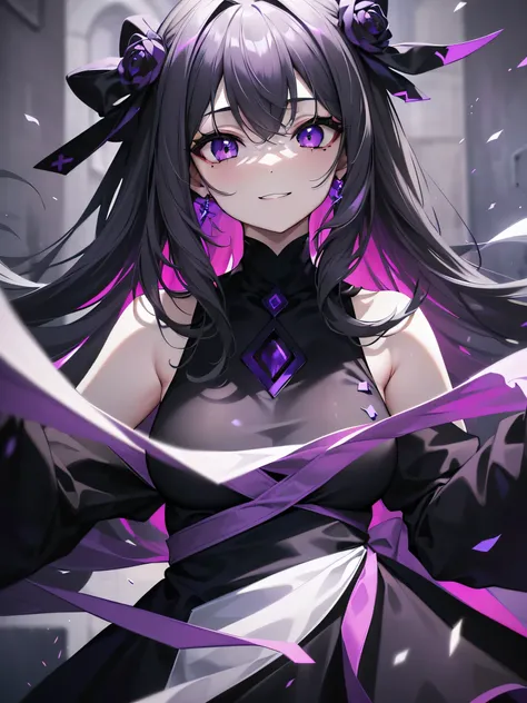 (debris flies, highest quality, ultra high resolution),1 girl,(black dress beautiful、detailed face, fine eyes,((gray and purple theme)),standing in front of a pure white wall、facing forward,smile、smile,cheeks are red,whole body,Beautiful eyes that everyone...