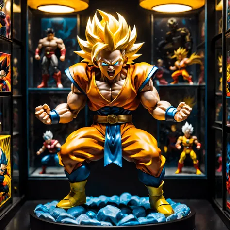 (game character:super saiyan toy), (illustration), Detailed toy display, (best quality, high resolution), Vibrant color correct lighting), (3d rendering), (Super detailed), (actual), (studio lighting), (Colorful background), (comic style), Toy display cabi...