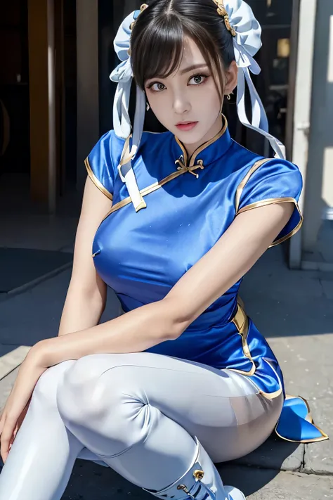 Live-action version of Chun-Li from Street Fighter，Raw photo,,(Blue china clothes、ＣCup Breast)、(2chan)、(Like a super realistic photo)、Portrait、perfect angle、(professional quality、High resolution)、perfect contrast、perfect lighting、perfect composition、perfec...