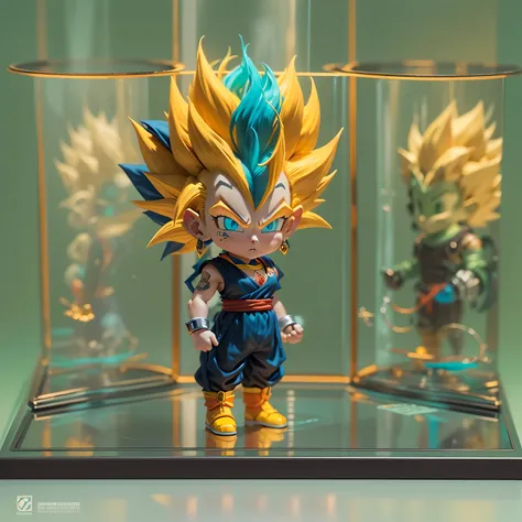 （Super Saiyan toy in glass display case），（Detailed facial features of the highest quality），(Bright colors and just the right lighting），（3d rendering），（super detailed），（lifelike），（studio lighting），（Colorful background），