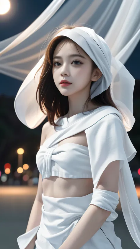 (8k, masterpiece, best quality), ultra-detailed, detailed beautiful round eyes, beautifully detailed face, high quality, high resolution, 1 girl, small breast, (white cloth:1.5), (bare waist:1.5), nighttime, night park background,