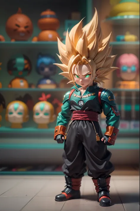 In a toy store，（Super Saiyan toys in glass display case），（detailed facial featureest quality），(Vibrant color right lighting），（3D rendering），（Super detailed），（lifelike），（studio lighting），（Colorful background），