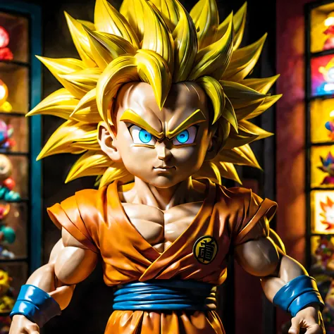 （Toy store window display Super Saiyan toys），（Detailed facial features of the highest quality），(Bright colors and just the right lighting），（3d rendering），（super detailed），（lifelike），（studio lighting），（Colorful background），