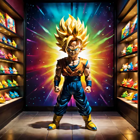 （Toy store window display Super Saiyan toys），（Detailed facial features of the highest quality），(Bright colors and just the right lighting），（3d rendering），（super detailed），（lifelike），（studio lighting），（Colorful background），