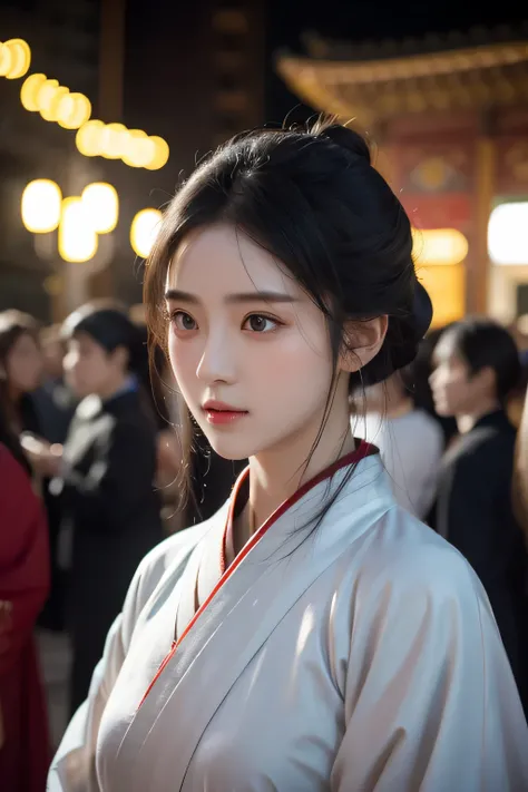 1 girl,whole body,extremely detailed face, beautiful and delicate eyes,There  light on the face,Cinema lighting,looking at the audience,outdoor,black hair,(black chinese architecture:0.05),hanfu,