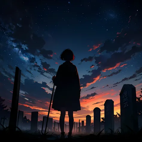 a anime horror scene, a girl holding a shovel, short hair, maniacal smile, crazy red eyes, standing outside at the night time in cemetery, stars in the sky, meteor shower, shot from bellow, shot from behind,  best quality, ultra sharp lines, saturated, 8K