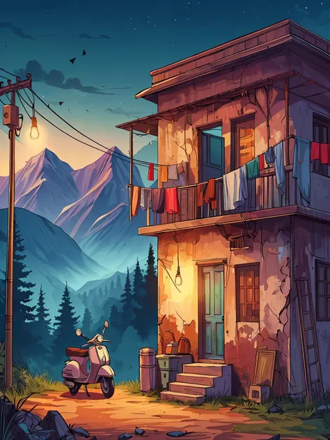 Draw an anime simple art scene of an old indian two storey house on a hill, cracked walls, scooter parked outside, mountains in the surrounding, clothes drying on wire outside, faded paint, late evening, broken door, forest around, single light bulb hangin...