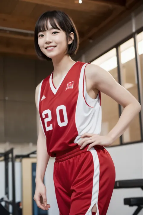 Japanese lady, pale skin, droopy eyes, smile 20 year old, short cut , red basketball_uniform ,exasperated:1.8, high quality:1.3, shoot from below 2.0, Professional lighting:2.0 realistic:1.2, 4k resolution, detailed skin, masterpiece:1.1, at the gym