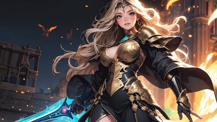 (masterpiece, best quality, photorealistic), woman, solo, perfect slim fit body, large breasts, wavy hair, intricate full dragon knight armor, wielding a magical shield and sword, black and gold theme, walking pose, magical emerald city, artistic, epic, vi...