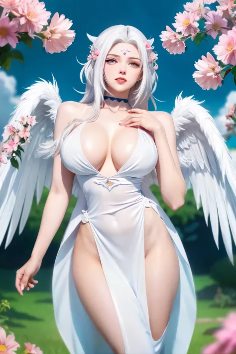 Goddess, white hair, tall, whole body visible, angel wings, flowers in the background, anime, huge breasts, beauty, 2D