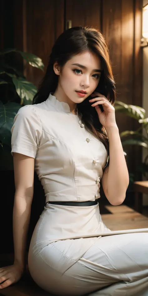 beautiful young woman, elegant clothes, ((wearing acmm outfit1.3)), wearing white acmm top, short sleeves white acmm top, buttons, wearing acmm long skirt, white and green printed acmm long skirt, , ((slim, petite)), photo modell, photorealistic, photo, ci...