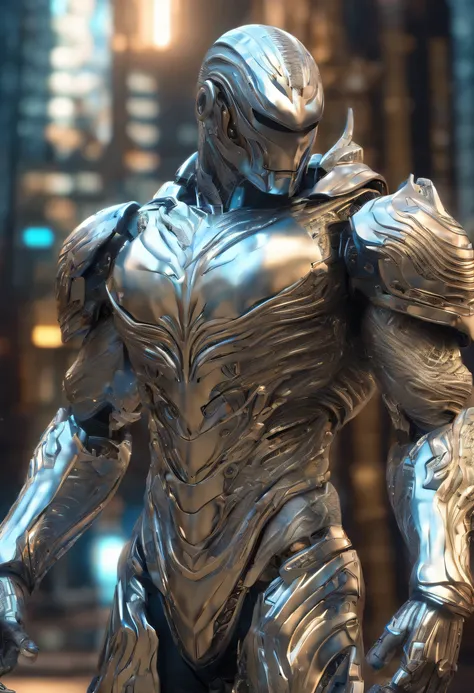 A silver man, with an imposing muscular structure, wearing intricate and gleaming armor, in a digital 3D style, inspired by the artwork of H.R. Giger, on Pixiv, with a highly detailed resolution, in a futuristic and dystopian setting, illuminated by a inte...