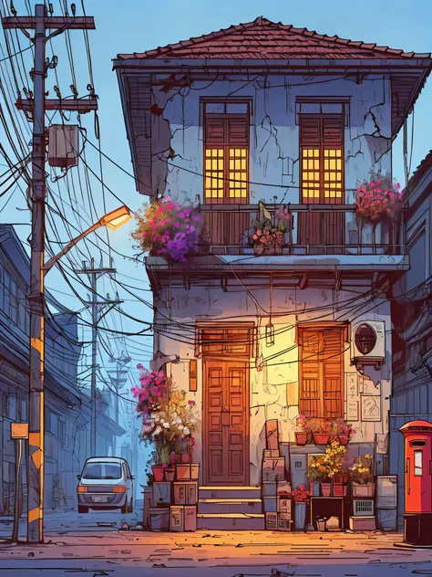 Draw an anime simple art scene of an old indian two storey house on a busy lane of Kenya, cracked walls, scooter parked outside, wires and poles, faded paint, late evening, flowers in pots, post box outside, single light bulb hanging outside, no human, vib...