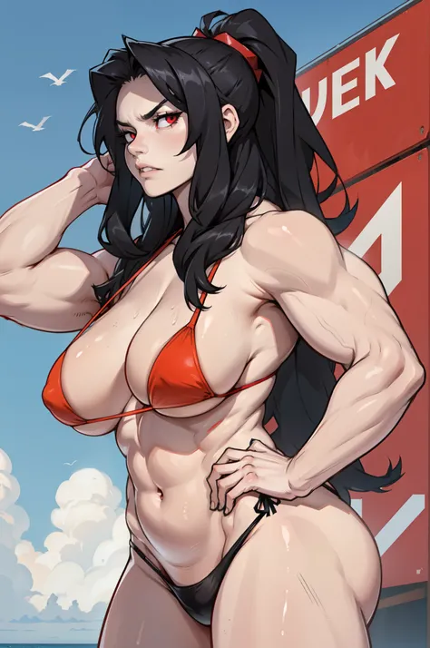 pale skin, ((1 girl)), black hair in ponytail, red eyes, angry, very long hair, (big breasts), (muscular body), bikini