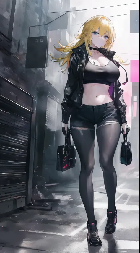 A girl with a bra and a jacket, she has big boobs and  wearing short pants. She carries a bag and holds a gun. The scene  set in a toxic, death city.

Additional Details: The girl has long blonde hair, bright blue eyes, and a defiant expression on her face...