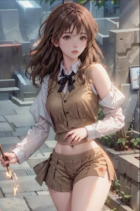 ((Medium chest, tomboyish girls, small head)), sunlight, Sunlight, (chiseled abs : 1.1), (Perfect body : 1.1), (short curly hair : 1.2) , auburn hair, collar, chain, full-body shot, crowded streets, Wearing a black vest, jean jacket, ((Extremely detailed C...