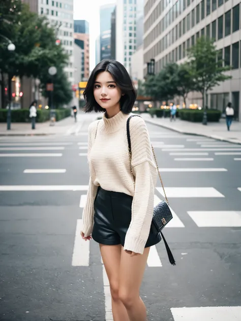 girl in low cut sweater, medium, shorts, frivolous look, Very detailed, Cityscape or college, black hair,