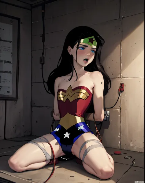 1girl,solo,rope, bondage,bdsm,restrained, sitting,machine, wonder woman with up skirt, nipple, tape nipple, long messy hair, wir...