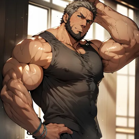 anime, um homem alpha poderoso, 40 years old, showing his muscular pecs, wearing very tight wet black tank top, large pectorals,...