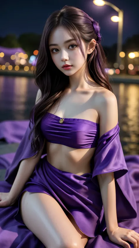 (8k, masterpiece, best quality), ultra-detailed, detailed beautiful round eyes, beautifully detailed face, high quality, high resolution, 1 girl, small breast, (purple cloth:1.5), (bare waist:1.2), nighttime, night park background, sitting,