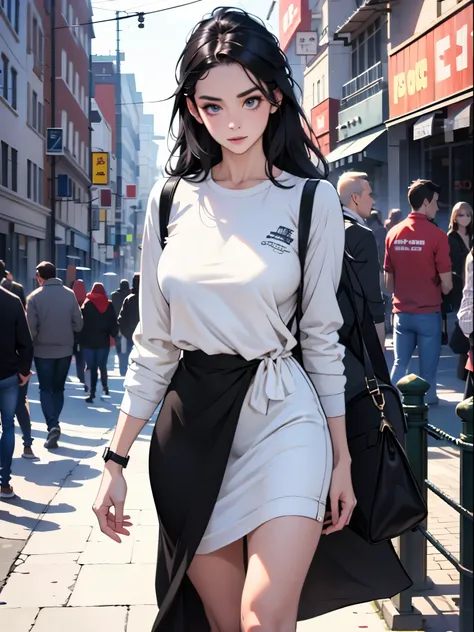 Young woman 25 years old: 1.3, long black hair: 1.2, casual wear: 1.2, daytime: 1.2, on the street: 1.2, movie lighting, Surreal, ultra high definition, precise, Super details, textured skin, high detail, best quality, 8k