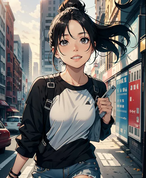 woman, black hair, ponytail, Broken shoulder oversized gray T-shirt, black shorts, white sneakers, walk, Free-spirited