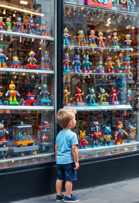 little boy standing on the street，little boy standing on the roadside，Little boy standing next to toy store window looking at toy store window，Crystal machine toys on display shelf in toy store,(Machine toys in the window:1.3)