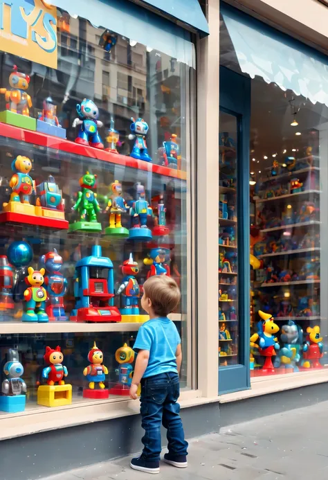 little boy standing on the street，little boy standing on the roadside，Little boy standing next to toy store window looking at toy store window，Crystal machine toys on display shelf in toy store,(Machine toys in the window:1.3)