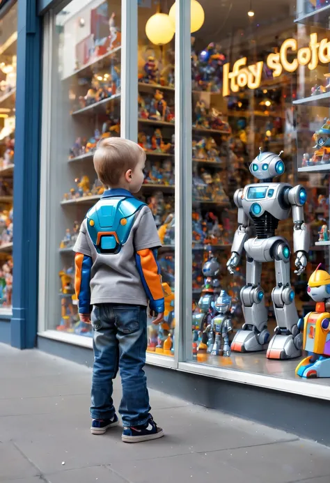 little boy standing on the street，little boy standing on the roadside，Little boy standing next to toy store window looking at toy store window，Crystal robot toys on display shelf in toy store