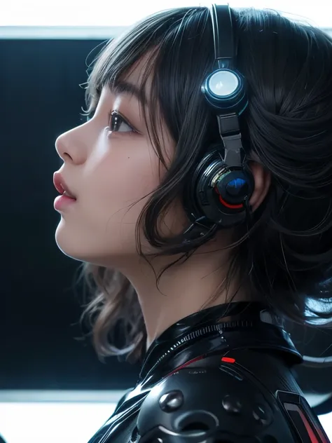 ((realistic)), ((best quality)), ((masterpiece)), (ultra details), 1girl, futuristic, cute face, k-pop idle IVE, short hair, curly hair, wearing パワードスーツ、mechanical, wearing futuristic clothing, in spaceship, looking away, science fiction, background cyber ...