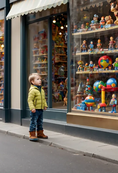 little boy standing on the street，little boy standing on the roadside，Little boy standing next to toy store window looking at toy store window