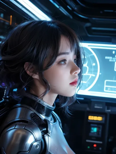 ((realistic)), ((best quality)), ((masterpiece)), (ultra details), 1girl, futuristic, cute face, k-pop idle IVE, short hair, curly hair, wearing パワードスーツ、mechanical, wearing futuristic clothing, in spaceship, looking away, science fiction, background cyber ...