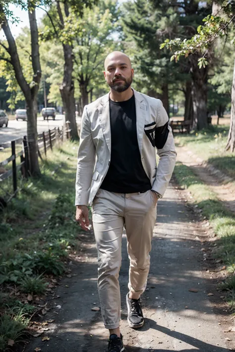 ((best quality)), , (detailed), perfect face, black beard, 37 year man, wearing long throusers in the woods, bald head, full body, white shirt and blue blazer
