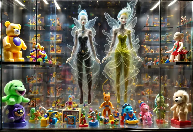 (toy store window:1.5),魔法toy store window里渗出一股神奇的魔法能量,Energy transformed into transparent face,(Toy racks are neatly arranged in the glass showcase:1.6),The magical face floating outside the window,(There are many toys in the toy display window:1.3),locked...