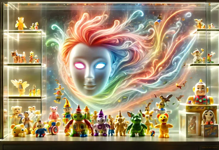 (toy store window:1.5),魔法toy store window里渗出一股神奇的魔法能量,Energy transformed into transparent face,(Toy racks are neatly arranged in the glass showcase:1.6),The magical face floating outside the window,(There are many toys in the toy display window:1.3),locked...