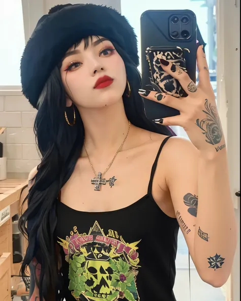 arafed woman with tattoos and a black top taking a selfie, she wearing a black tank top, with tattoos, wearing a chocker and fluffy ushanka, soft devil queen madison beer, ava max, she looks like a mix of grimes, profile pic, goth girl aesthetic, inked, v...