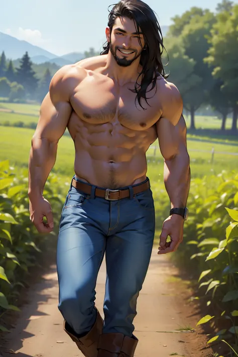 1man, muscular body,smiling, long hair, black hair, big beard, shirtless, jeans pants, cowboy boots, farm background 