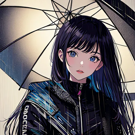 (masterpiece, top quality, best quality, official art, beautiful and aesthetic:1.2), girl, alone in the rain with a jacket in a dark city, extreme detailed,highest detailed, optical mixing, playful patterns, lively texture, unique visual effect