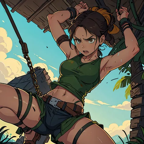 Lara Croft tied up by roof, in the jungle, (restrained), mud, angry, 