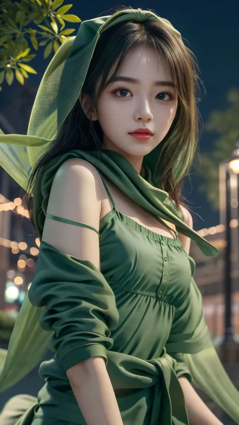 (8k, masterpiece, best quality), ultra-detailed, detailed beautiful round eyes, beautifully detailed face, high quality, high resolution, 1 girl, small breast, (green cloth:1.5), straps, (bare waist:1), nighttime, night park background,