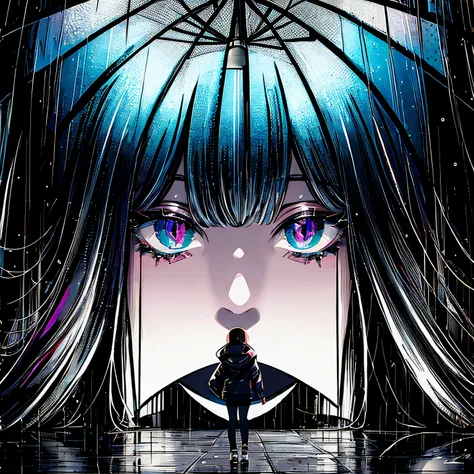 (masterpiece, top quality, best quality, official art, beautiful and aesthetic:1.2), girl, alone in the rain with a jacket in a dark city, extreme detailed,highest detailed, optical mixing, playful patterns, lively texture, unique visual effect