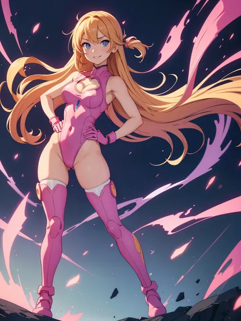 anime girl in pink leotard with pink shoes, full body zenkai! asuka suit, zero suit, blonde anime girl with long hair, style artgerm, bare legs, 1 cleavage cutout, heart cutout, magenta pink leotard, matching knee boots, sleeveless, matching gloves, girl i...