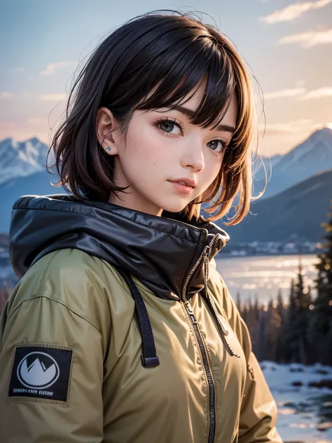 solo, woman, mountain climbing clothes, camp site, lake, fog, beautiful sky, detailed clouds, warm lighting, short hair, shiny hair, light smile, dark eyes, detailed beautiful face and eyes, cinematic lighting, jpeg artifacts, Eye-Level Shot, drop shadow, ...