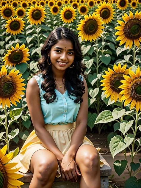 Midday, Tamil girl, 20 year old, western dress, sitting in a sunflower field, sunflowers towards sun, bright smile, HDR, hyper realistic