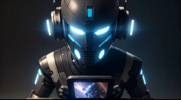 Robot with LCD screen instead of face from smartphones, laptops, headphones, talks about high tech, C4D Rendering, 4K, 8K, high resolution