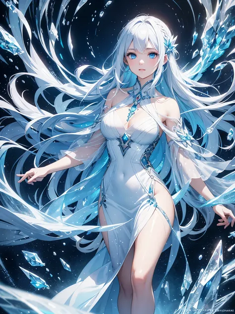 Half body, headshot. Step into a captivating scene featuring one young lady with very long white hair braided and blue eyes, as vibrant ice particles ignite the air around her, creating a dazzling and dynamic atmosphere. Crafted with exquisite detail cryst...