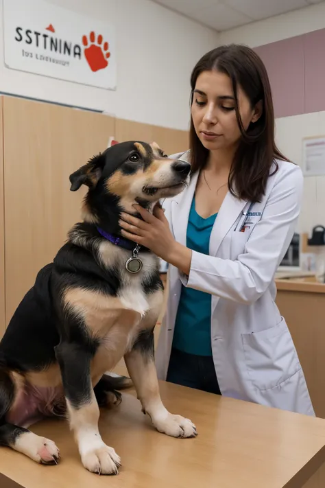 mujer doctora sosteniendo a un perro en veterinaria
